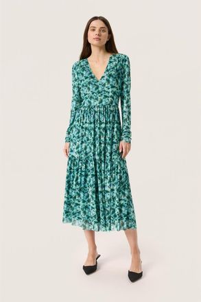 Soaked In Luxury Slaldora V-Neck Mesh Long Sleeve Dress in Green Brushed Floral at Nordstrom, Size Xx-Large