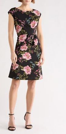Julia Jordan Boat Neck Faux Wrap A-Line Dress in Black/Pink at Nordstrom Rack, Size 12