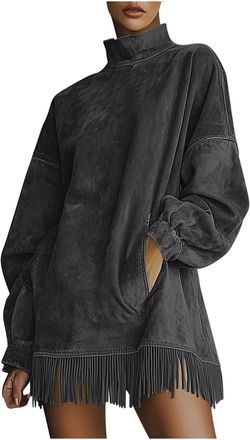 Generic Suede Dresses for Women UK Mini Dress Cozy Suede Turtleneck Dress with Fringe Hem Short Dresses Long Sleeve Turtleneck Autumn Plain Dressy Vintage Wom