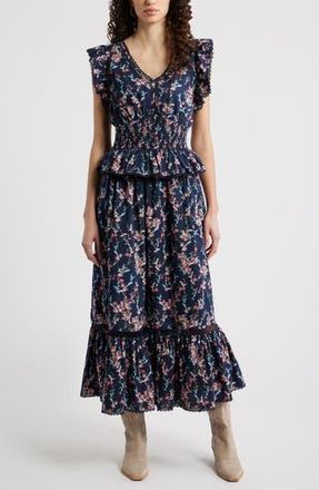 Treasure & Bond Floral Flutter Sleeve Peplum Dress in Navy Lilibet Floral at Nordstrom Rack, Size Xx-Small