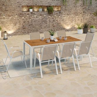 IDMarket Conjunto De Muebles De Jard&iacute;n Noumea Mesa De 190 Cm Con Tablero De Cristal Templado Efecto Madera Y 8 Sillas Apilables Blancas Y