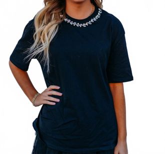 Elan Rhinestone Collar Tee In Black