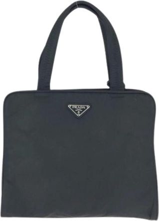Prada Pre-owned Handbags, female, Black, Size: ONE SIZE Pre-owned Tessuto Triangle Logo Plate Nylon Tote Bag