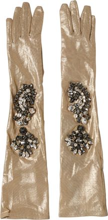 Dolce & Gabbana Beige Satin Crystal Elbow Length Mitten Womens Gloves