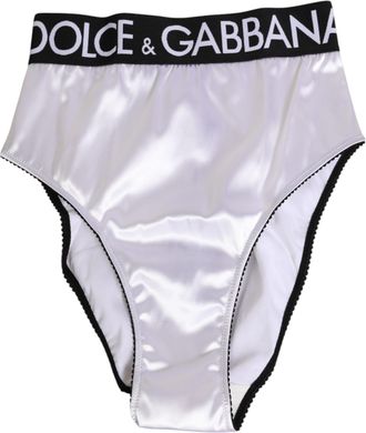 Dolce & Gabbana White Satin High-Waist Black Logo Women Underwear Acetate Clothing