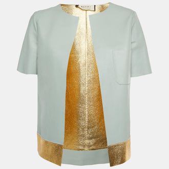 Marni Aqua/metallic Gold Leather Open Front Jacket