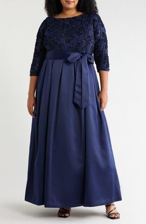 Jessica Howard Sequin Floral Lace Gown with Satin Skirt in Navy at Nordstrom, Size 16W