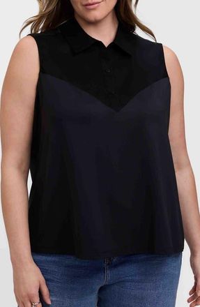 Foxcroft Ricki Mixed Media Sleeveless Button-Up Shirt in Black at Nordstrom, Size 1X
