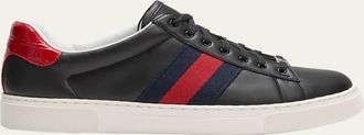 Gucci Mens Ace Leather Web Low-Top Sneakers