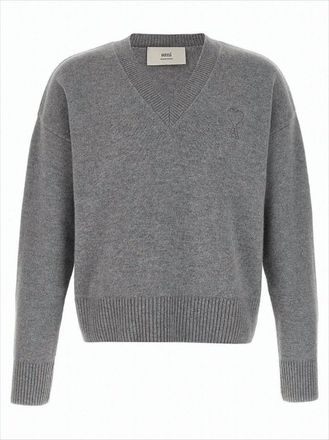 Ami Grey Knit Sweater With V-Neckline
