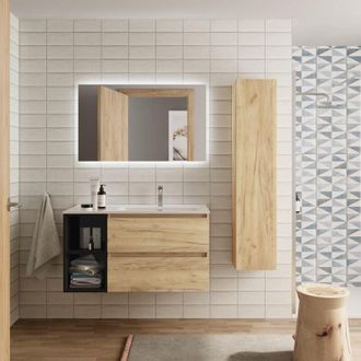 Cygnus Bath Mueble Ba&ntilde;o Bequia 100 Cm Roble Y Coqueta Izquierda Negro Con Lavabo