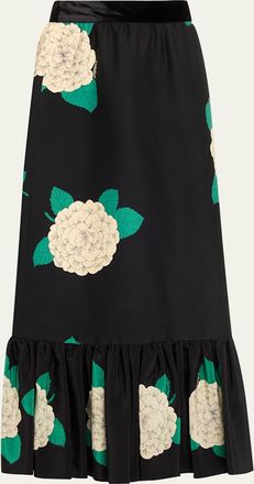 Valentino Garavani Ortensia-Print Crepe Ruffle Ankle Skirt