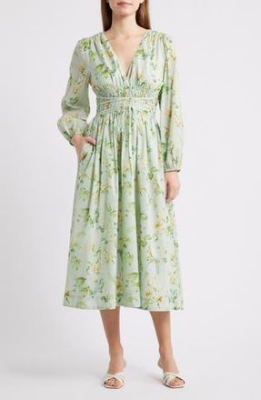 En Saison Rylee Floral Long Sleeve Cotton Midi Dress in Sage Olive Yellow at Nordstrom Rack, Size Large