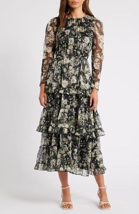 Chelsea28 Floral Long Sleeve Tiered Midi Dress in Navy- Beige Wind Floral at Nordstrom Rack, Size Medium