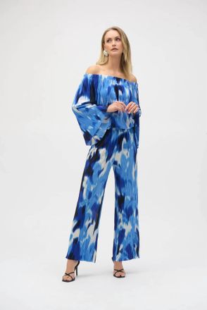Joseph Ribkoff Pleated Novelty Tropical Print Off-Shoulder Top In Blue/white