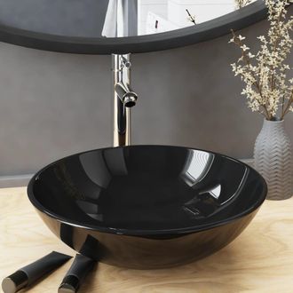 Berkfield Home Bathroom Sink with Tap & Push Drain Black Tempered Glass