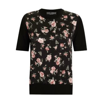 Dolce & Gabbana Round-neck Knitwear, female, Black, Size: 3XL Rose Print Silk Top