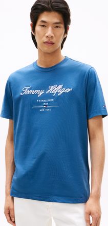 Tommy Hilfiger T-Shirt TOMMY HILFIGER SCRIPT LOGO TEE, Herren, Gr. XXL, blau (aegean sea), Single Jersey, Obermaterial: 100% Baumwolle, bestickt, regular fit h&uuml;ftlan