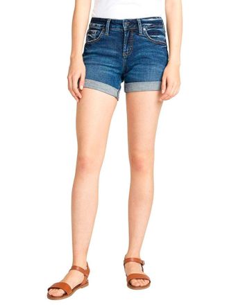 Silver Jeans Co Womens Mid Rise Boyfriend Shorts Denim, Cuffed Dark Wash, 28 4.5