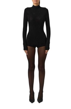 Naked Wardrobe Rhinestone Body-Con Romper in Black at Nordstrom, Size Medium