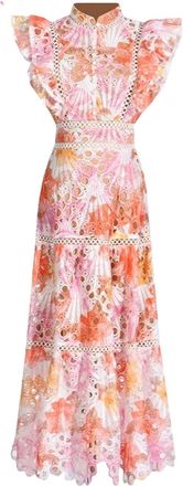 Generic Women Elegant Embroidery Dress Long Wedding Cocktail Party Robe Vintage Designer A-Line Dress Orange XL