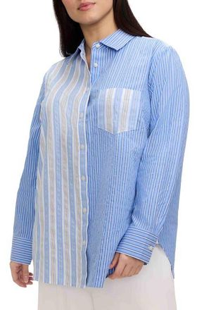 Foxcroft Meghan Mix Stripe Seersucker Button-Up Top in Blue Multi at Nordstrom, Size 1X