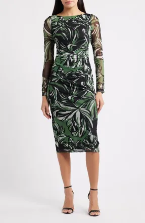 Vince Camuto Print Long Sleeve Mesh Body-Con Dress in Green Black at Nordstrom, Size 12