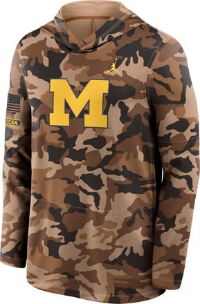 Nike Jordan Mens Michigan Military Appreciation Jordan Brand Dri-FIT College Long-Sleeve Hooded Top in Brown | 0JB92EAMWN-954