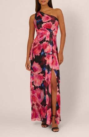 Adrianna Papell Pleated Floral One-Shoulder Chiffon Gown in Black/berry at Nordstrom, Size 10