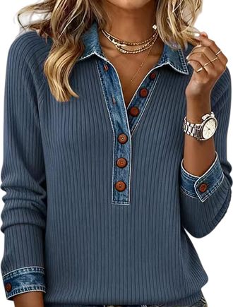 Generic Womens Denim Collar Sweater - Waffle Knit Tops with Denim Collar for Women for Casual & Office Outfits (XXL,Blue)