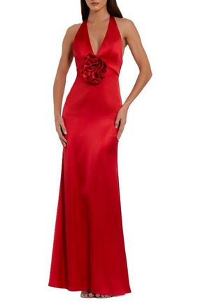 Mac Duggal Womens Fitted Satin Sleeveless V Neck Gown With 3D Flower in Red at Nordstrom, Size 14
