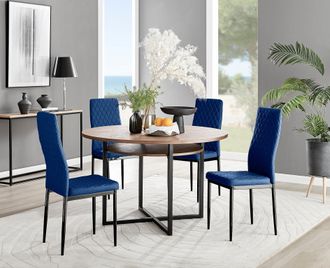 Furniturebox Adley Brown Wood Storage Dining Table & 4 Velvet Milan Black Leg Chairs in Navy