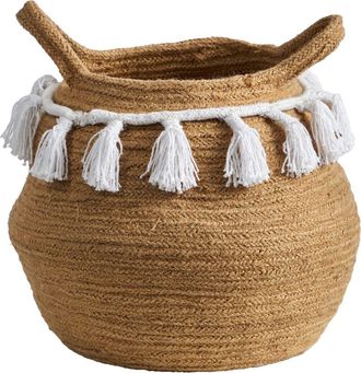 Nearly Natural 11-in Boho Chic Handmade Natural Cotton Woven Basket Planter with Tassels in Beige at Nordstrom