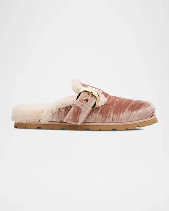 Stuart Weitzman Dara Shearling-Lined Suede Buckle Mules