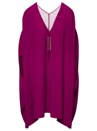 Rick Owens Babel Fuchsia Kaftan With Plunging Neckline And Mesh Panelling In Acetate Woman