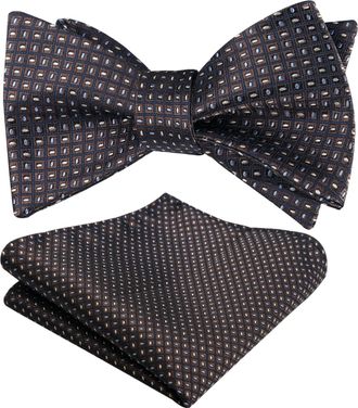Alizeal Mens Self Tied Regular Plaid Dot Bow Tie and Pocket Square Set, Brown+Blue