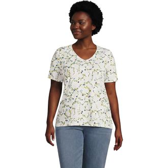 Lands End Supima Cotton V-neck T-Shirt in Ivory Multi Floral Vine at Nordstrom, Size 1X