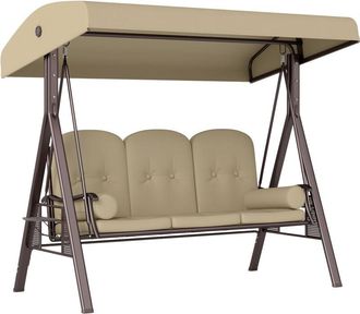 OUTSUNNY 3 Seat Garden Swing Chair Patio Steel Swing Bench w/ Cup Trays Brown