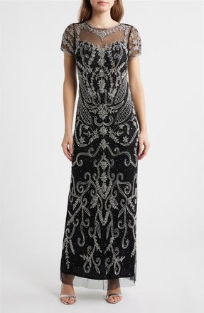 Pisarro Nights Beaded Mesh Gown in Black/Silver at Nordstrom, Size 16