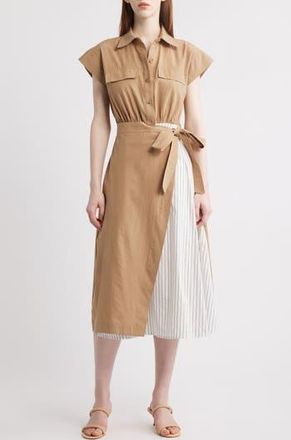 ZOE AND CLAIRE Mixed Media Tie Waist Midi Shirtdress in Khaki at Nordstrom Rack, Size X-Small