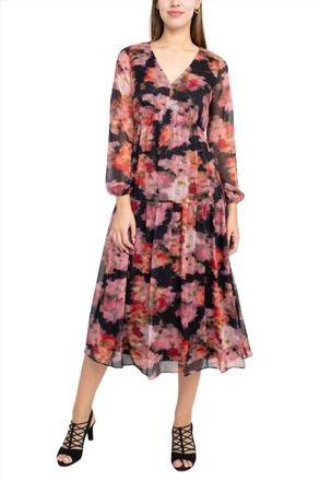 Adrianna Papell Floral Print Empire Waist Tiered Chiffon Dress In Pink