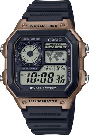 Casio Mens Black and Brown World Time Digital Resin Watch - AE-1200WH-5AVCF