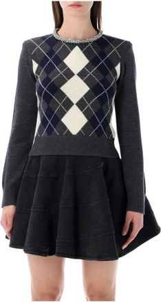 Self Portrait Argyle Kristal Afwerking Jumper - Dames - Ronde hals truien - Grijs - S - Wol - Truien & Vesten