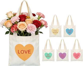 Generic Canvas Bag Valentine Gift, Heart Canvas Mini Handbag, 6 Pieces Tote Bag Set, Conversation Heart Tote Bags, Cute Valentine Sturdy Totes, Bags for Girls