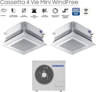 Samsung Aire acondicionado split dual inverter cassette 4 vias mini windfree 12+12 con aj068txj3kg/eu r-32 12000+12000 wi-fi opcional con rejilla incluida