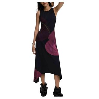 Desigual Midi Dresses, female, Black, Size: M Asymmetric Poppy-Print Midi Dress