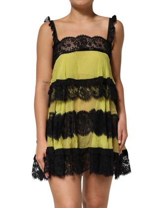Dolce & Gabbana Womens Tiered Lace Trim Dress - Lime Green Silk - Size Small