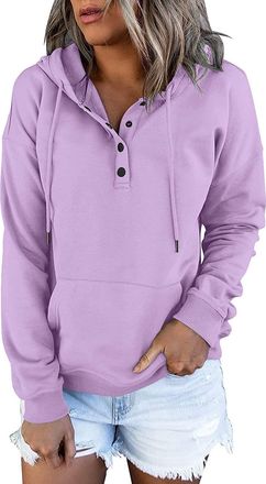 Generic Deals of The Day Sale Prime Sweatshirts for Women UK Clearance Casual Button Down Long Sleeve Hoodies With Pocket Solid Color V-Neck Hood Pullover Top