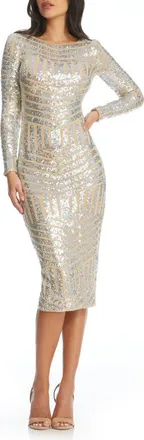 Dress The Population Emery Sequin Stripe Long Sleeve Cocktail Dress in Silver/Beige at Nordstrom, Size Xx-Large