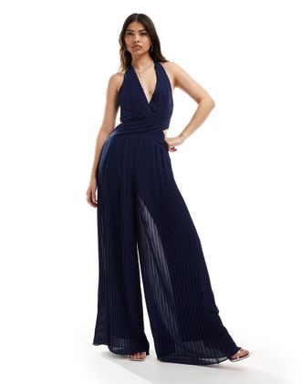 Tfnc Tuta jumpsuit da damigella allacciata al collo in chiffon a pieghe blu navy